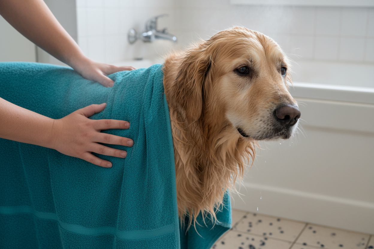 Drying dog with quick-drying towel